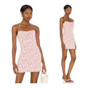 ✨Revolve Majorelle Lexi Satin Pink Floral Halter Neck Ruched Mini Dress Medium